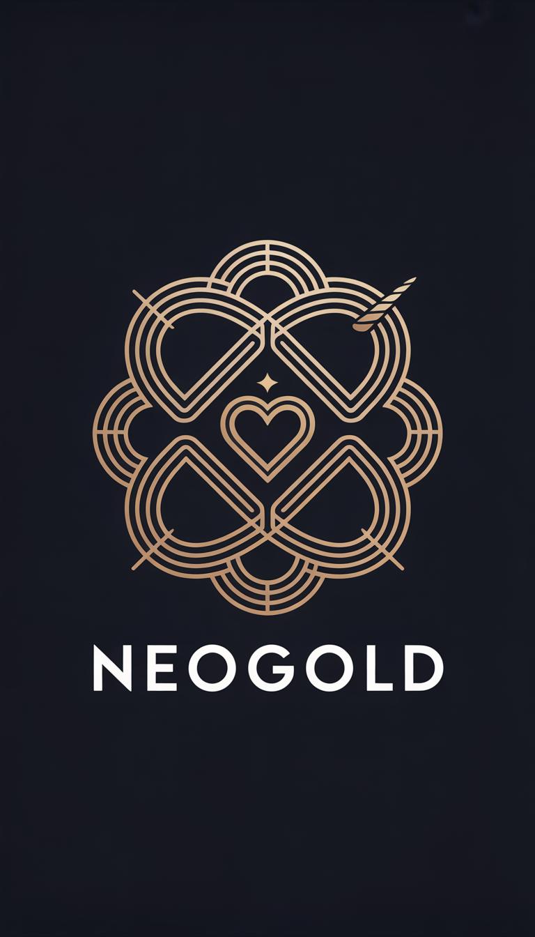 NeoGold: emblema dorado con un corazón central y líneas que se expanden, sobre fondo oscuro